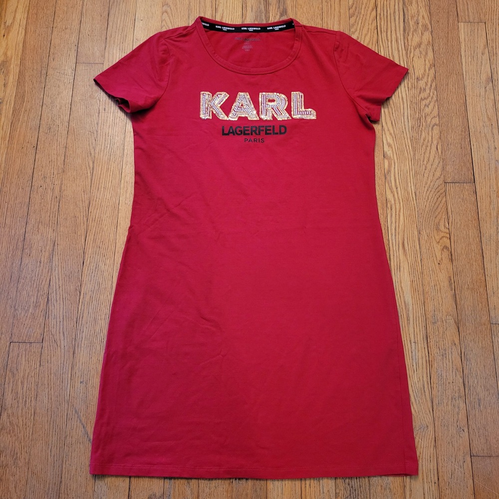 Karl Lagerfeld M T-Shirt Dress Red Sequin‎ Pearl Logo PARIS Stretch Comfort Glam